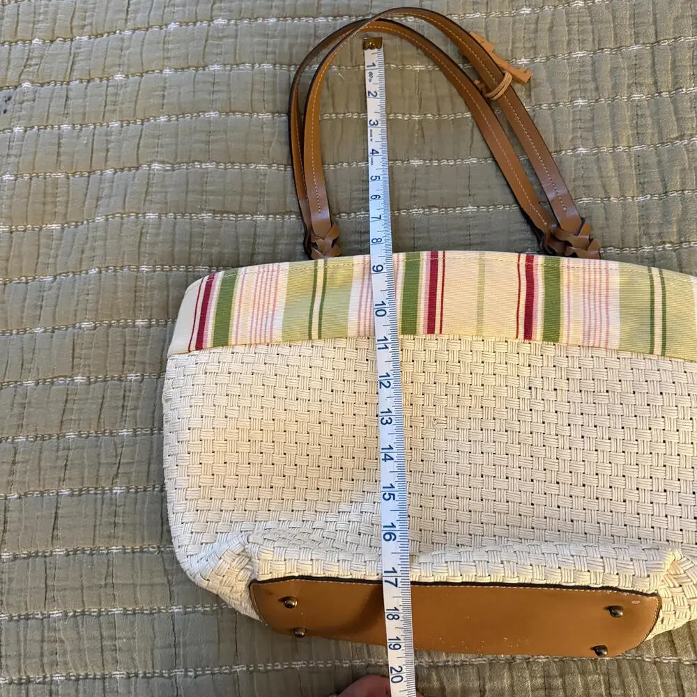 FOSSIL Straw Pink/Green Canvas Nautical Satchel Purse Preppy Cottage‎ Core